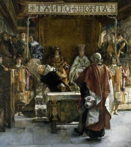 The Grand Inquisitor friar Tomás de Torquemada offers to the Catholic Monarchs the Edict of Expulsion of the Jews from Spain for their signature (1492).